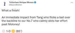 唐佳丽替补登场仅2分钟助攻队友破门，热刺女足1-0绝杀雷丁